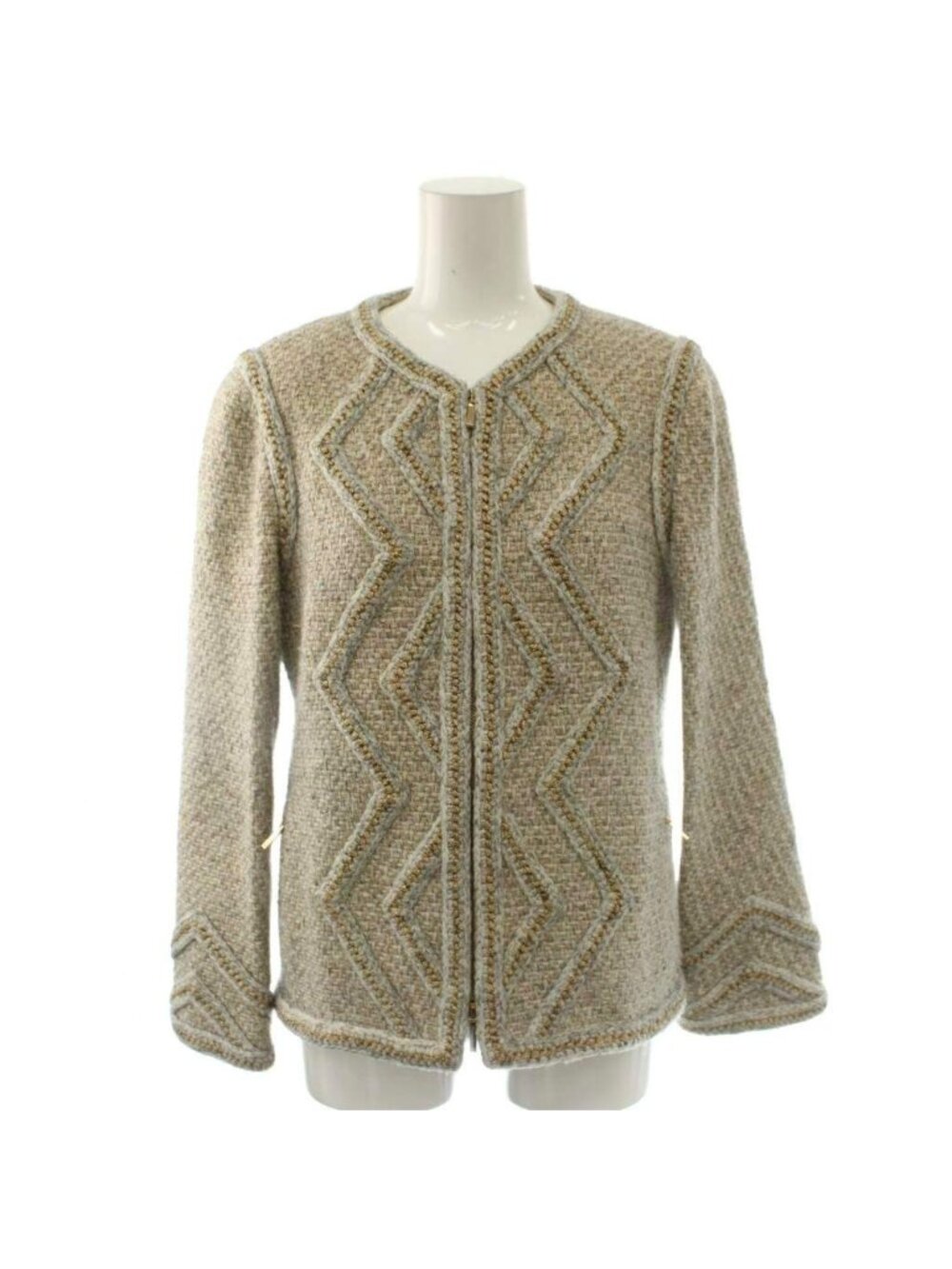 Chanel Color Tweed Jacket Outer Zip Up Wool 36 Light Gray Gold